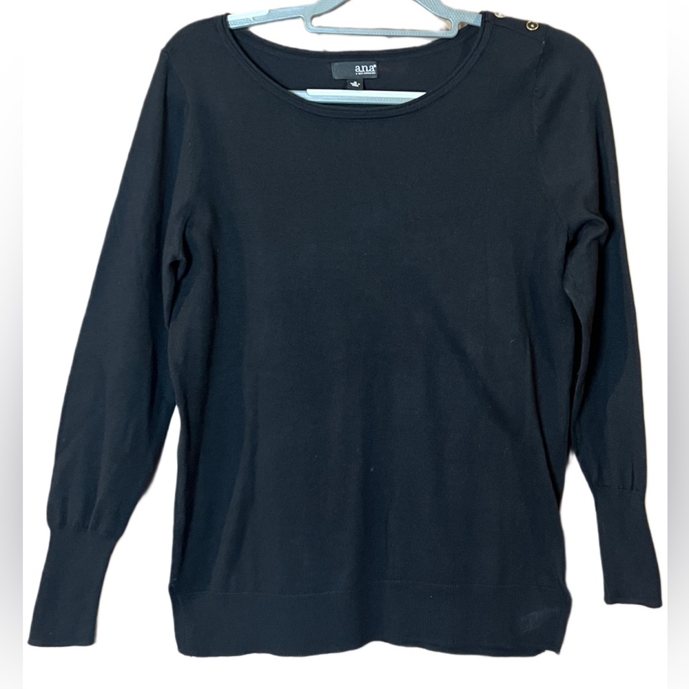 Lightweight black sweater, women’s size medium, gold buttons left shoulder, ana